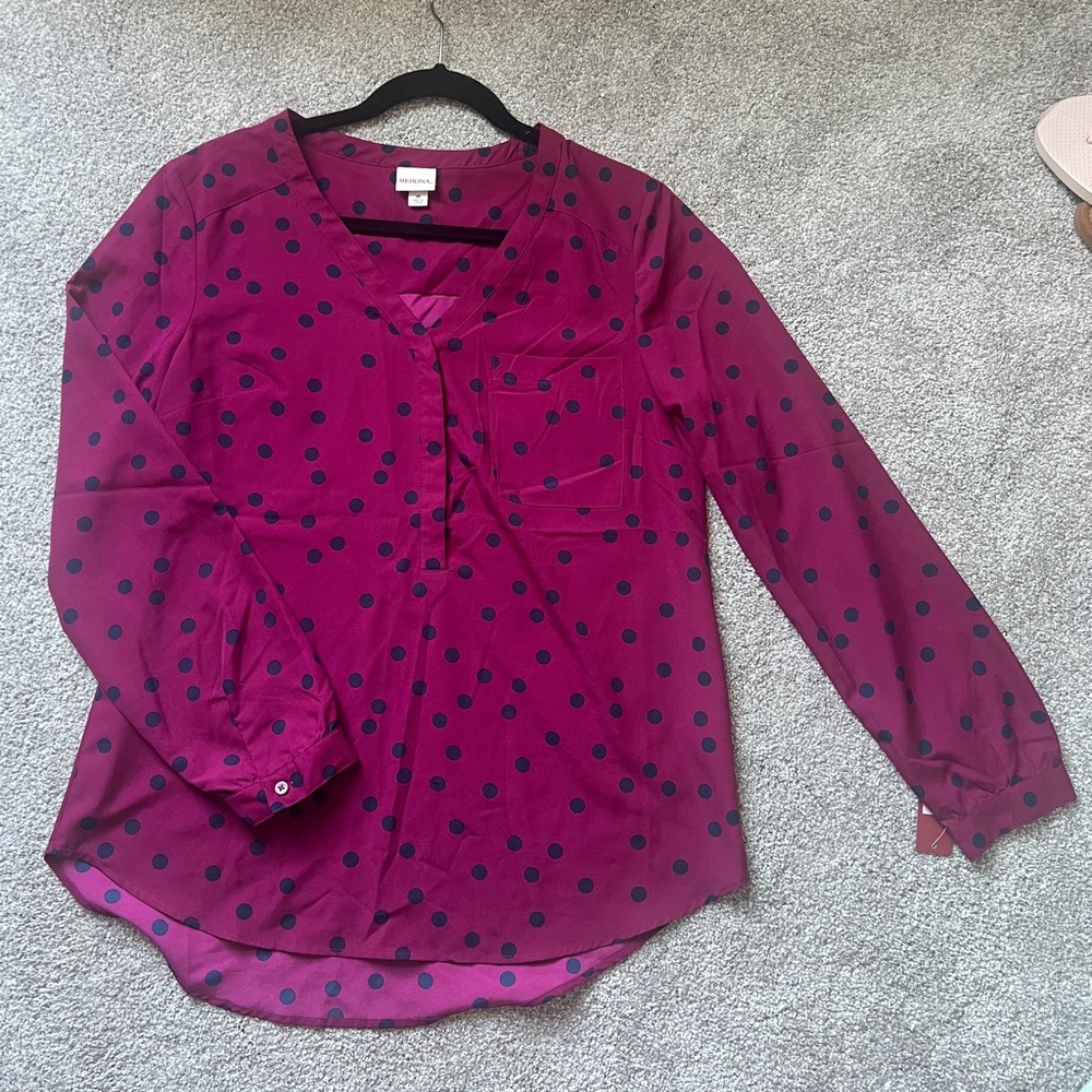 NWT! Women's Polka Dot Blouse - Burgundy and Navy